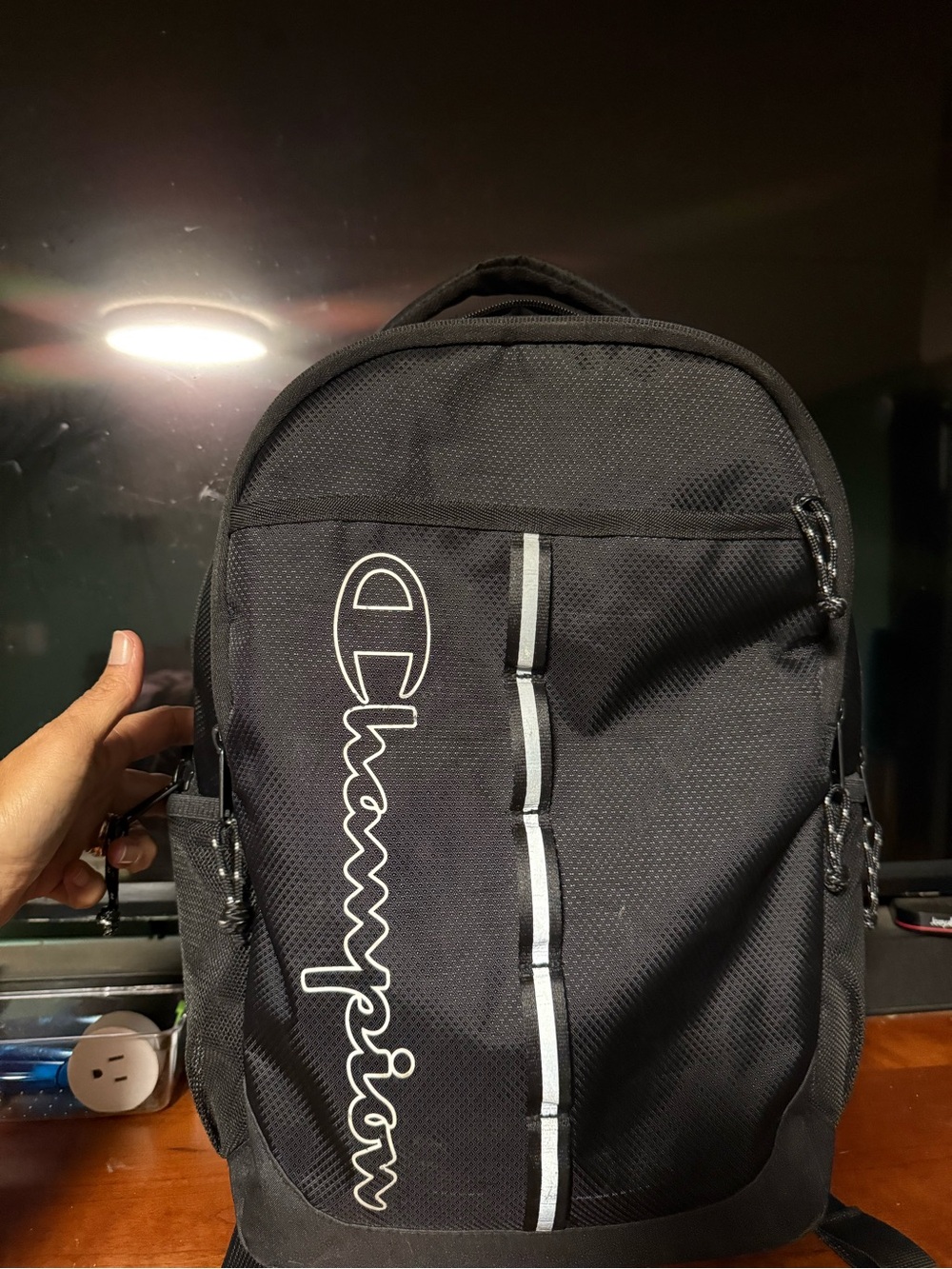 Champion Black Backpack with Vertical White Logo for Men